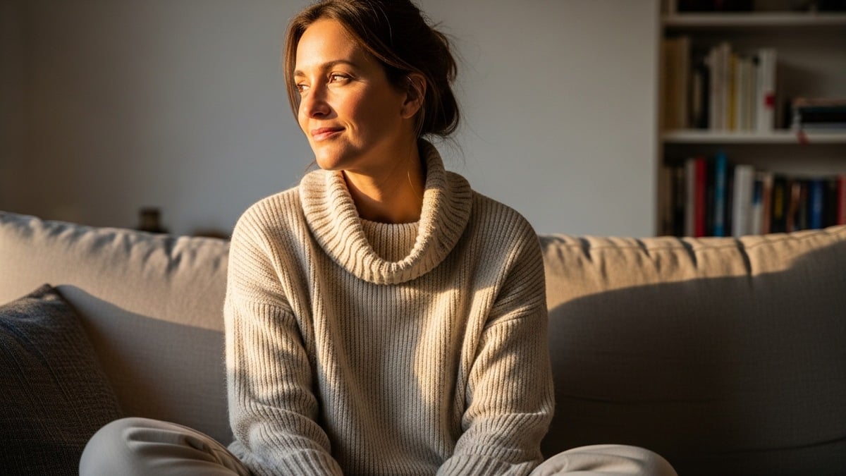 Woman sitting cross-legged on a couch, thoughtful expression, calm and grounded, soft natural light