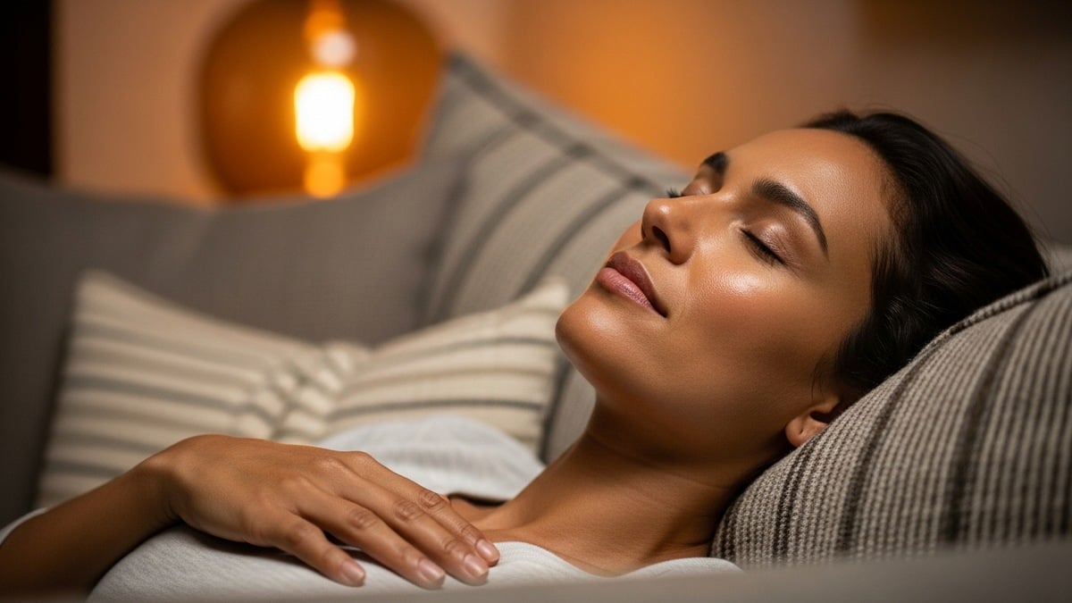 Woman lying on a couch with eyes closed, expression of deep relaxation, warm amber lamp light