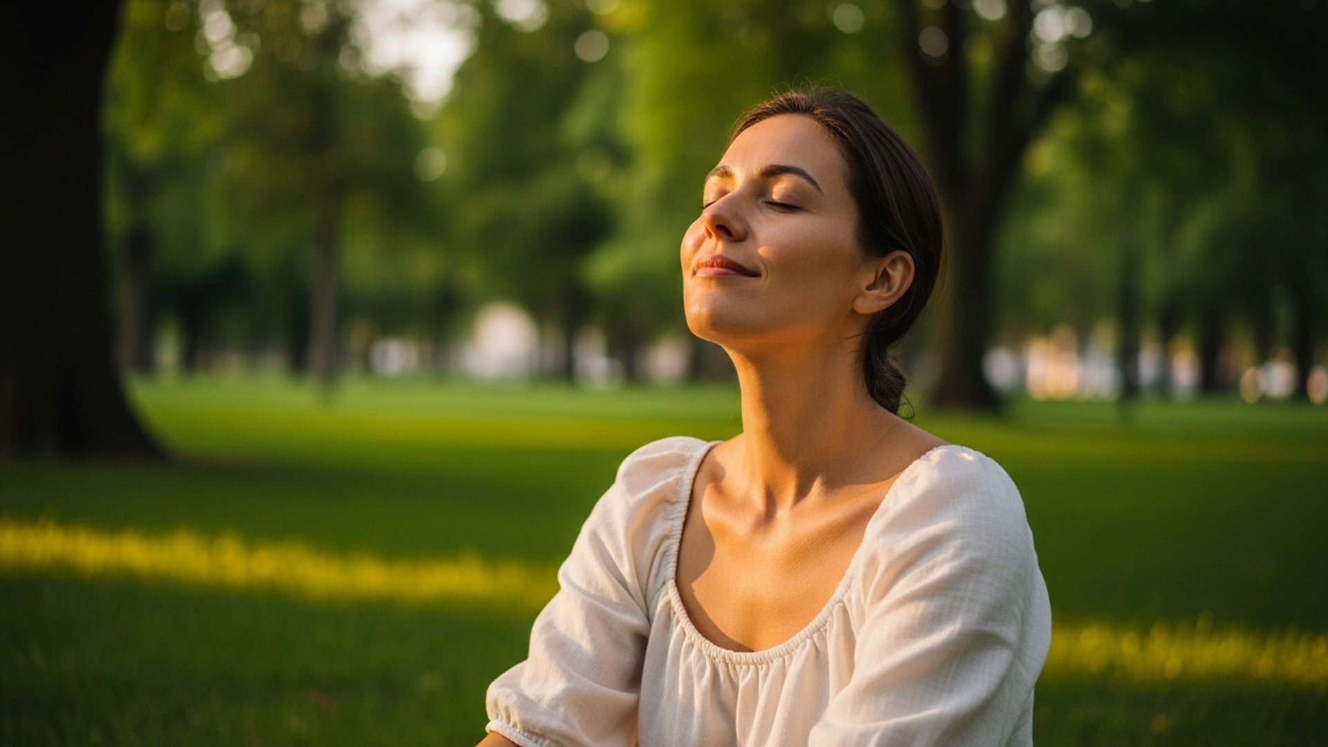 Woman sitting outdoors in a park with eyes closed and face tilted upward, calm and centered in golden afternoon light