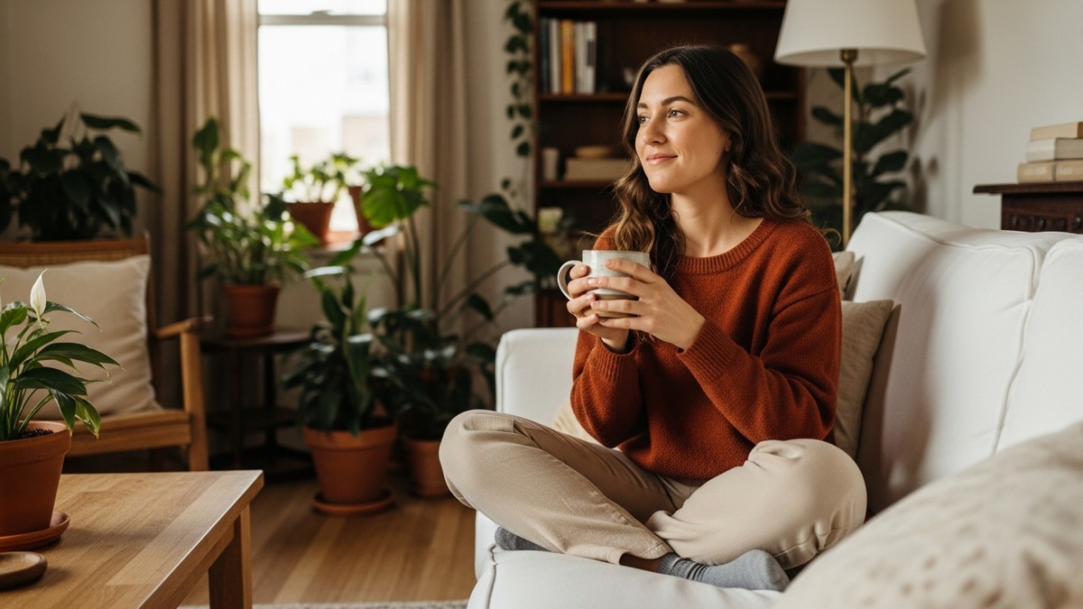 Woman sitting cross-legged on a couch with a ceramic mug, calm morning light, relaxed wellness lifestyle