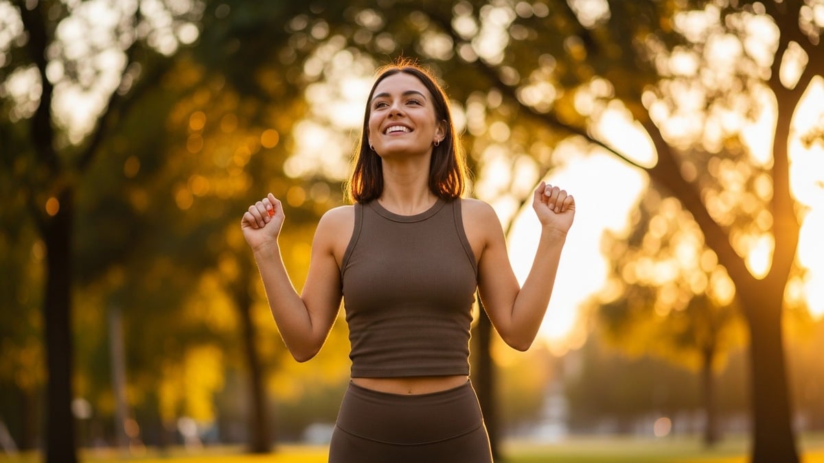 Energetic woman in a park at golden hour with a radiant smile, arms raised, outdoor wellness lifestyle