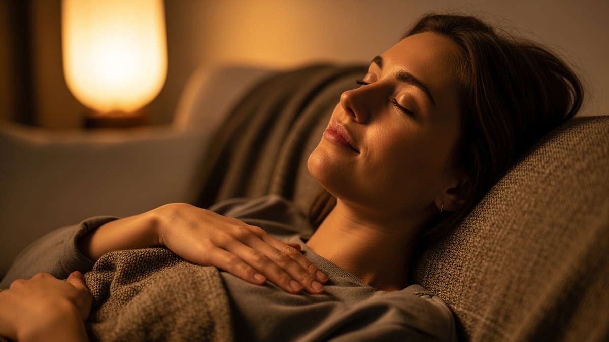 Woman lying back on a couch with eyes closed, deep relaxation, warm amber lamp light