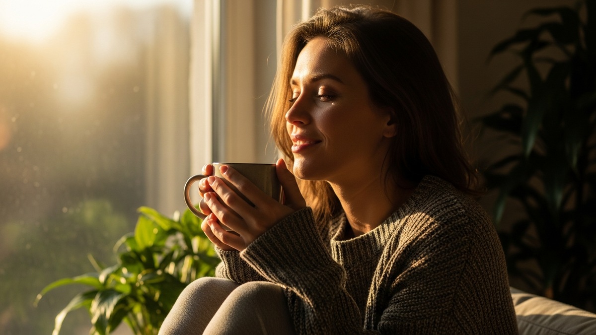 Woman by a sunny window holding a warm mug, morning wellness routine, calm expression