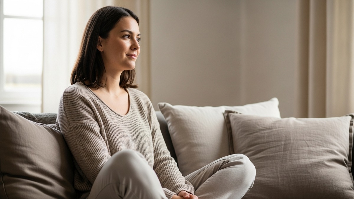 Woman sitting cross-legged on a couch looking calm and thoughtful, natural light, wellness lifestyle