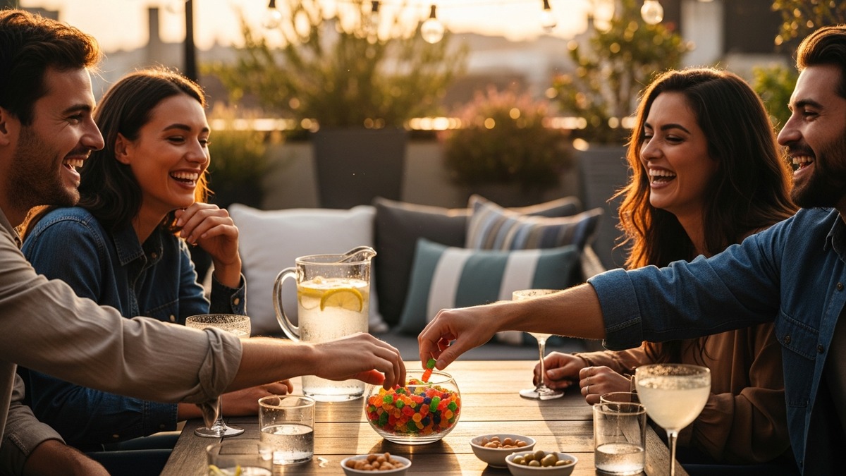 friends enjoying day trip mushroom gummies at social gathering