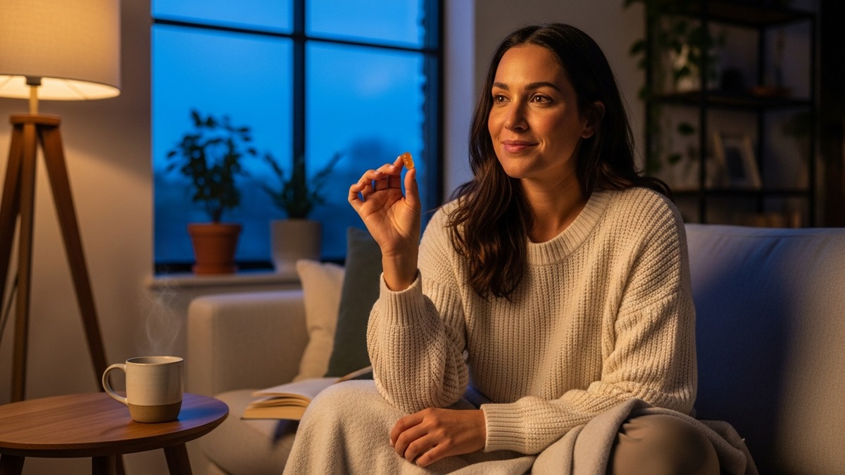 woman enjoying evening sleep routine with CBD mood gummies