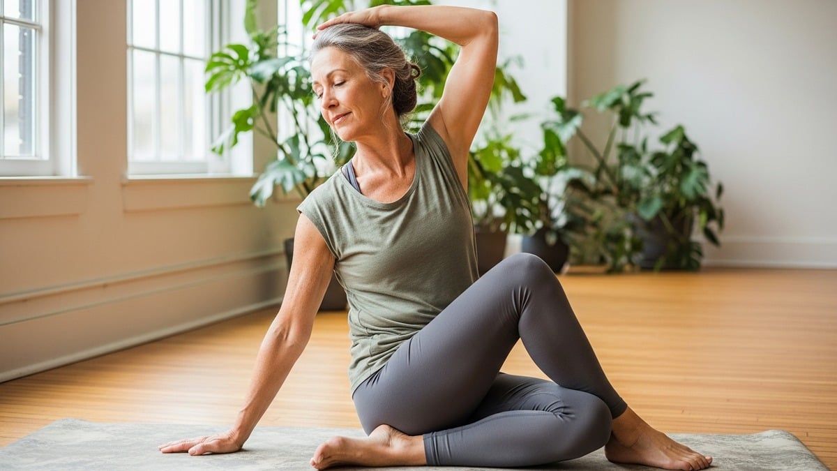 senior woman practicing gentle yoga for pain relief and flexibility
