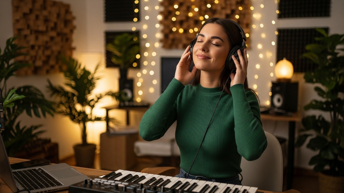young woman creating music in home studio with enhanced focus
