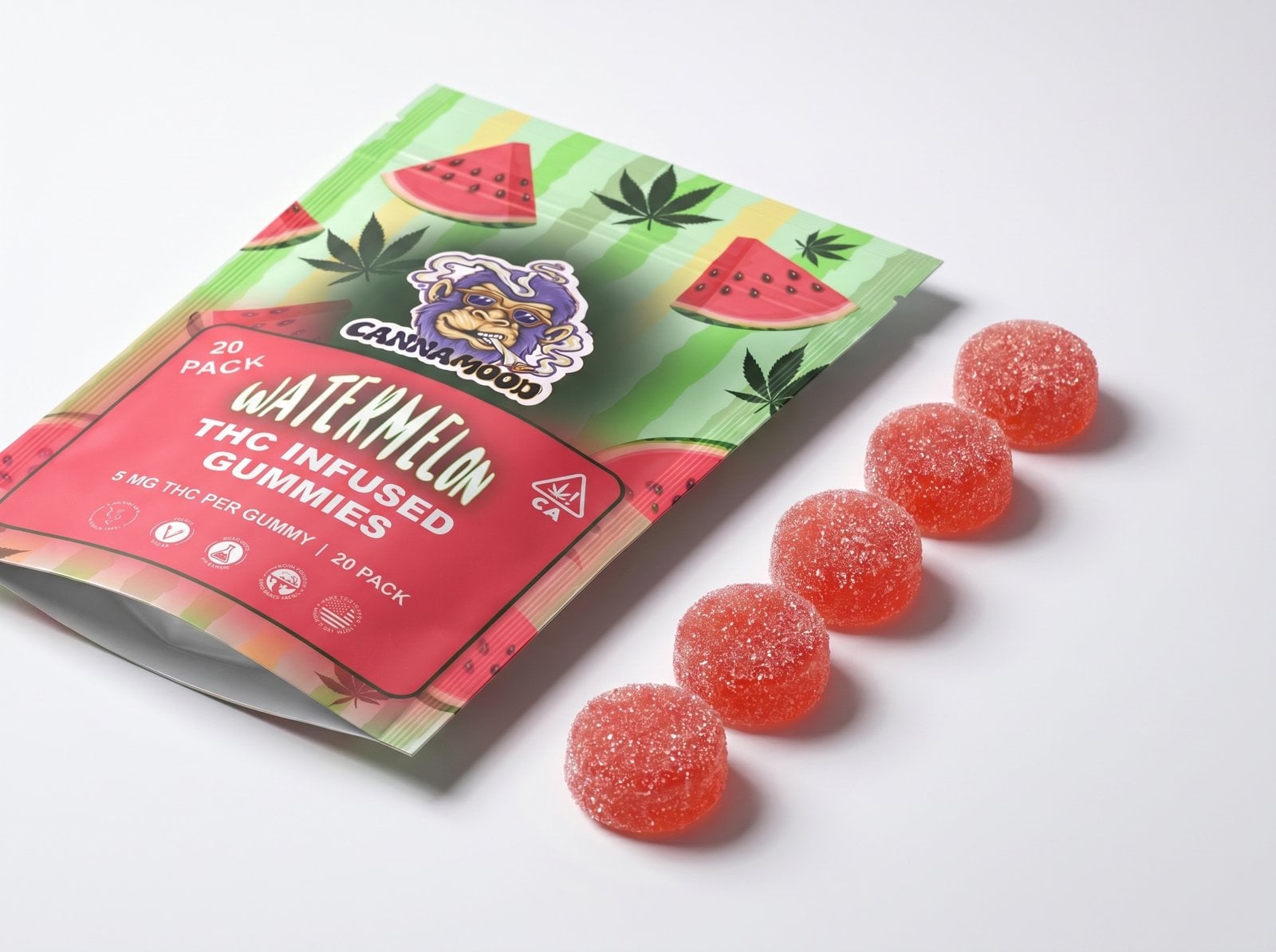 Canna Mood 100mg THC watermelon gummies package showing 20 pieces with 5mg THC per piece serving size