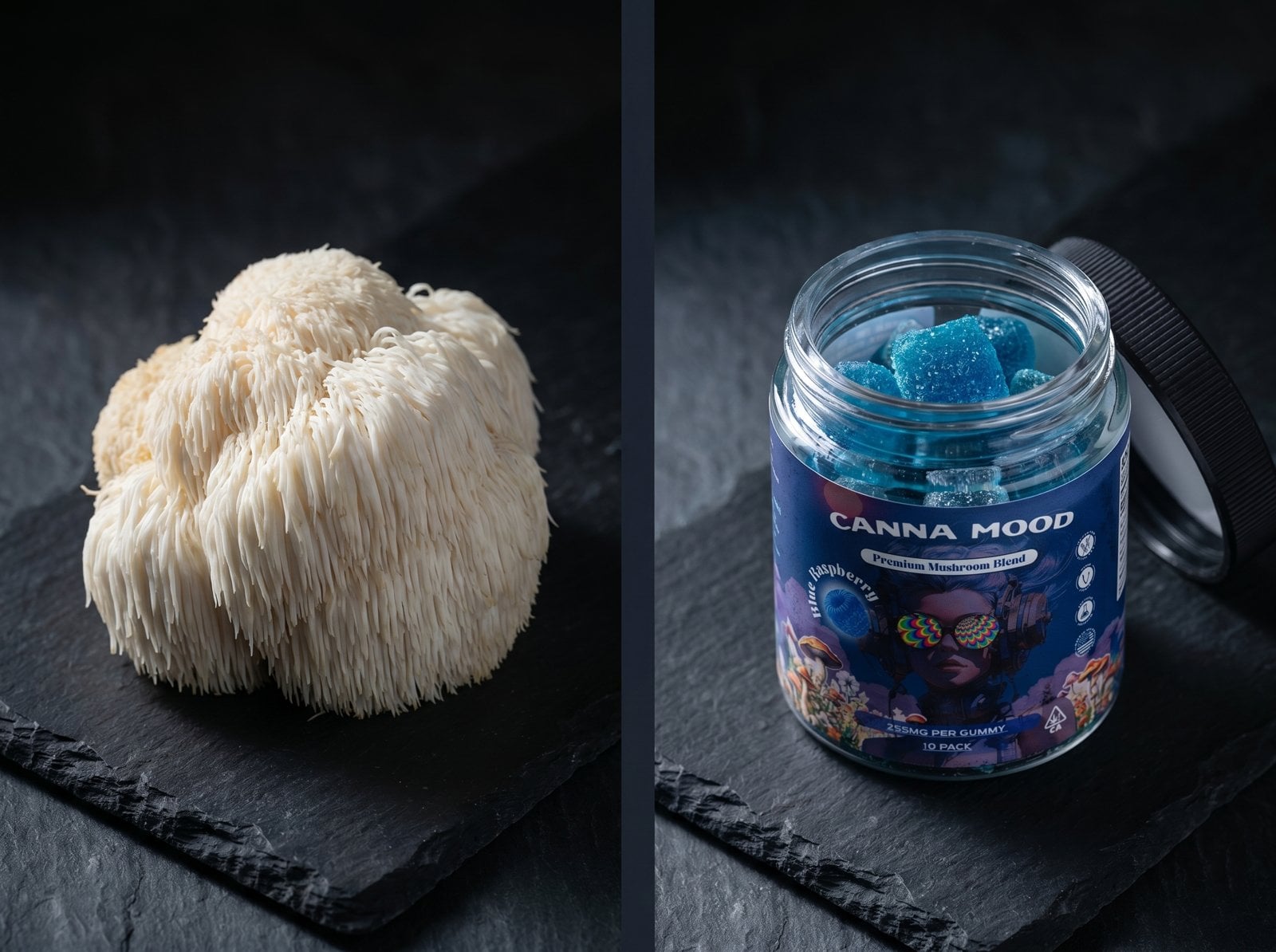 Side by side visual showing adaptogenic lion's mane mushroom beside a Canna Mood gummy jar, illustrating functional vs psychedelic difference