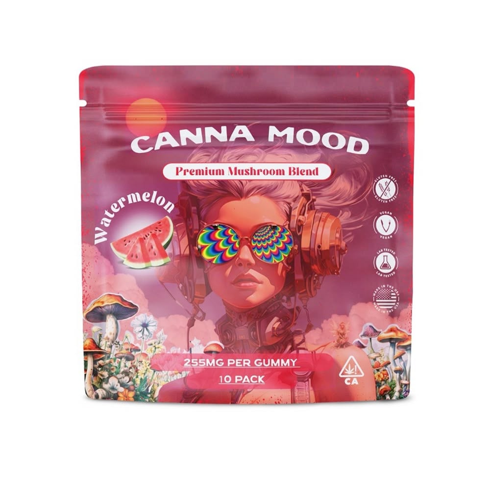 Canna Mood Mushroom Blend Gummies Watermelon pouch, reishi and turkey tail mushroom gummies