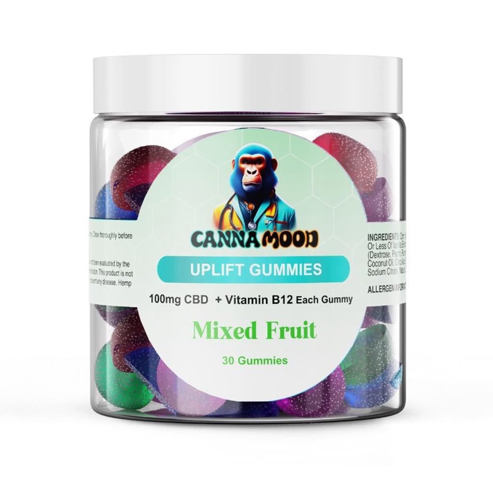 Canna Mood CBD gummies flatlay with Wellness and Uplift bottles, hemp leaf and vitamin supplement elements on wooden surface