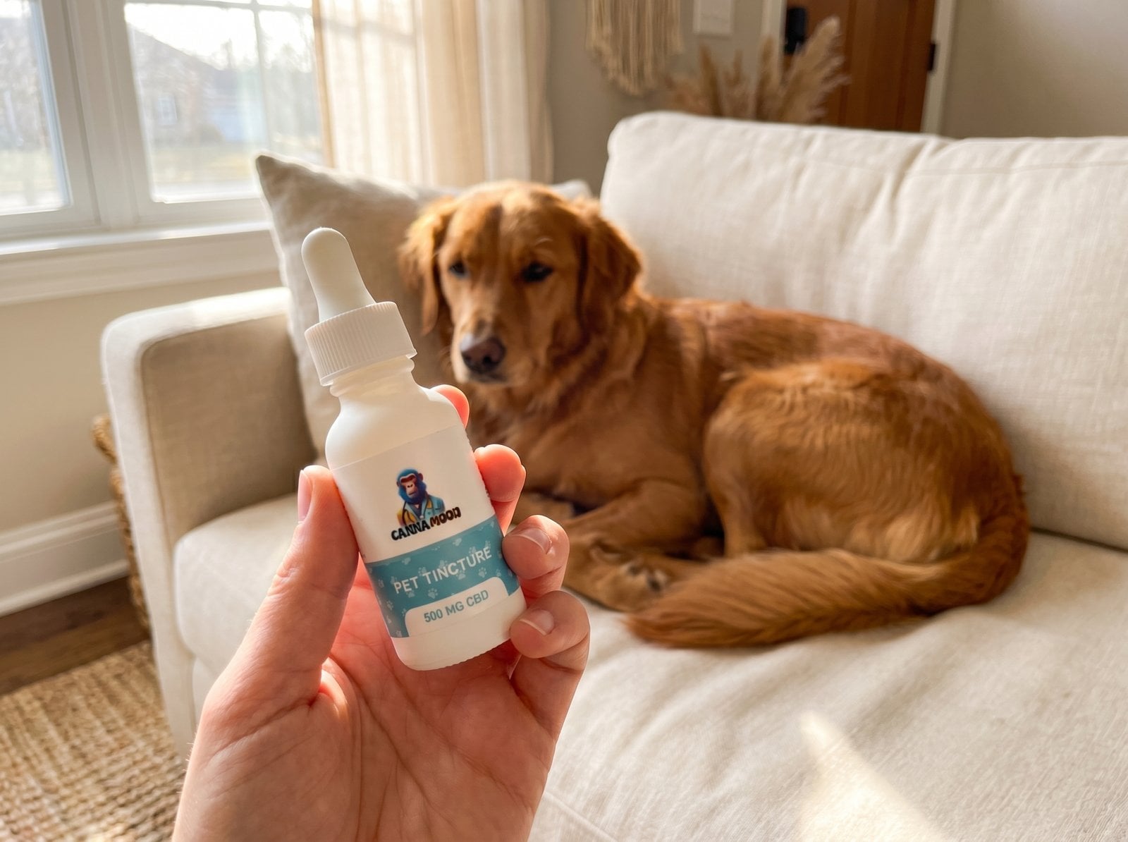 Canna Mood CBD Pet Tincture dropper bottle held by a hand near a calm dog lying on a couch in natural light