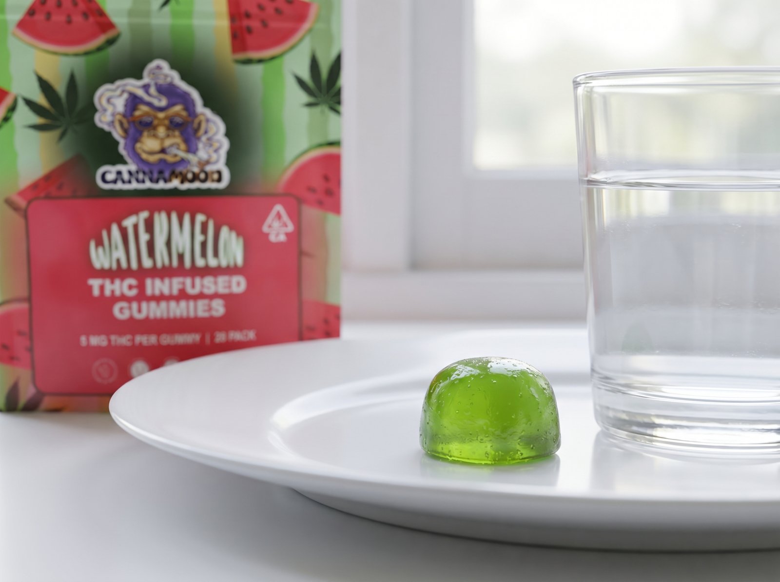 Single Canna Mood 5mg THC green apple gummy next to a glass of water on a clean minimal white table in soft natural light