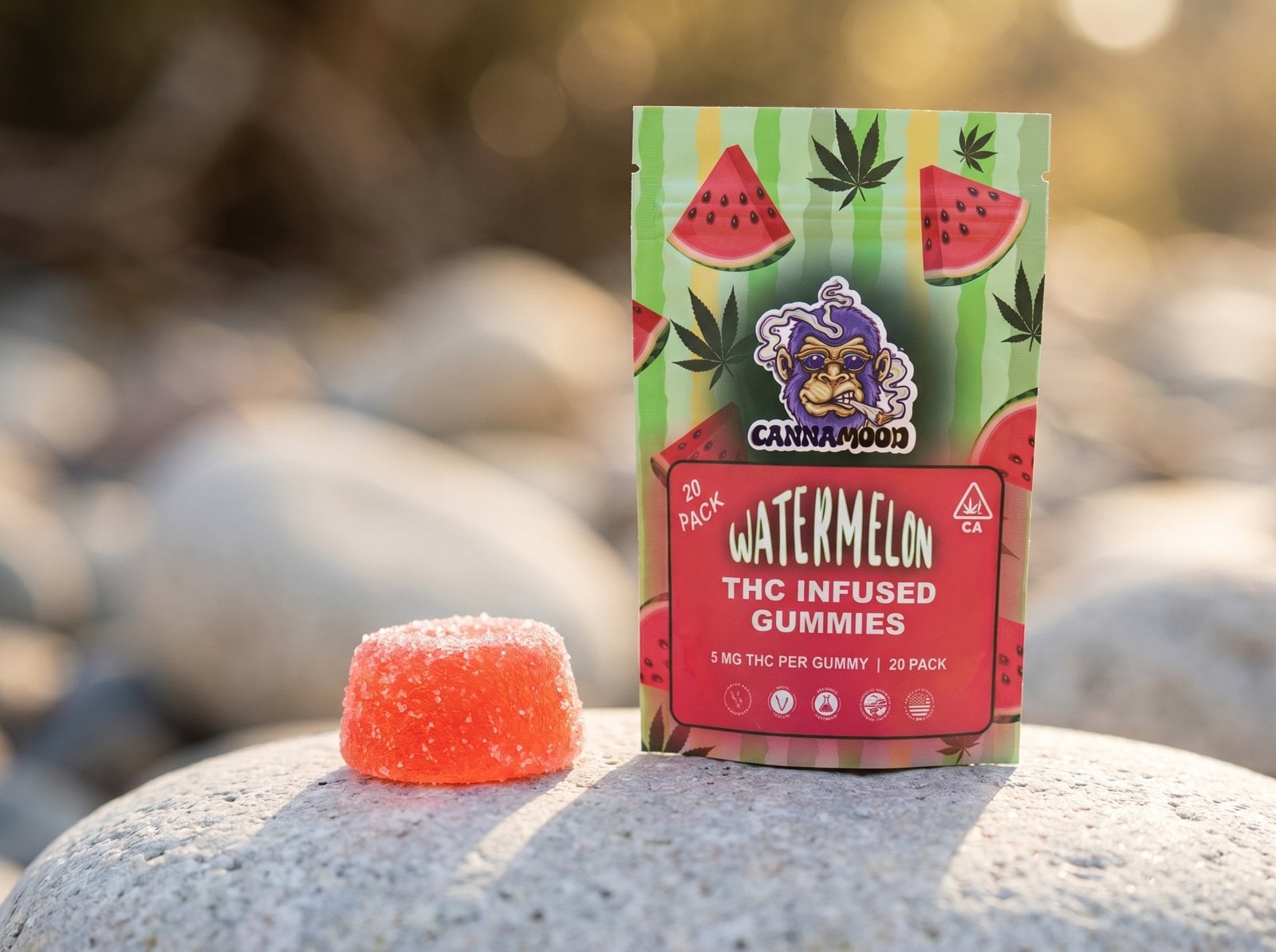 Close-up of a single Canna Mood 5mg THC watermelon gummy beside the branded resealable pouch showing dosing information