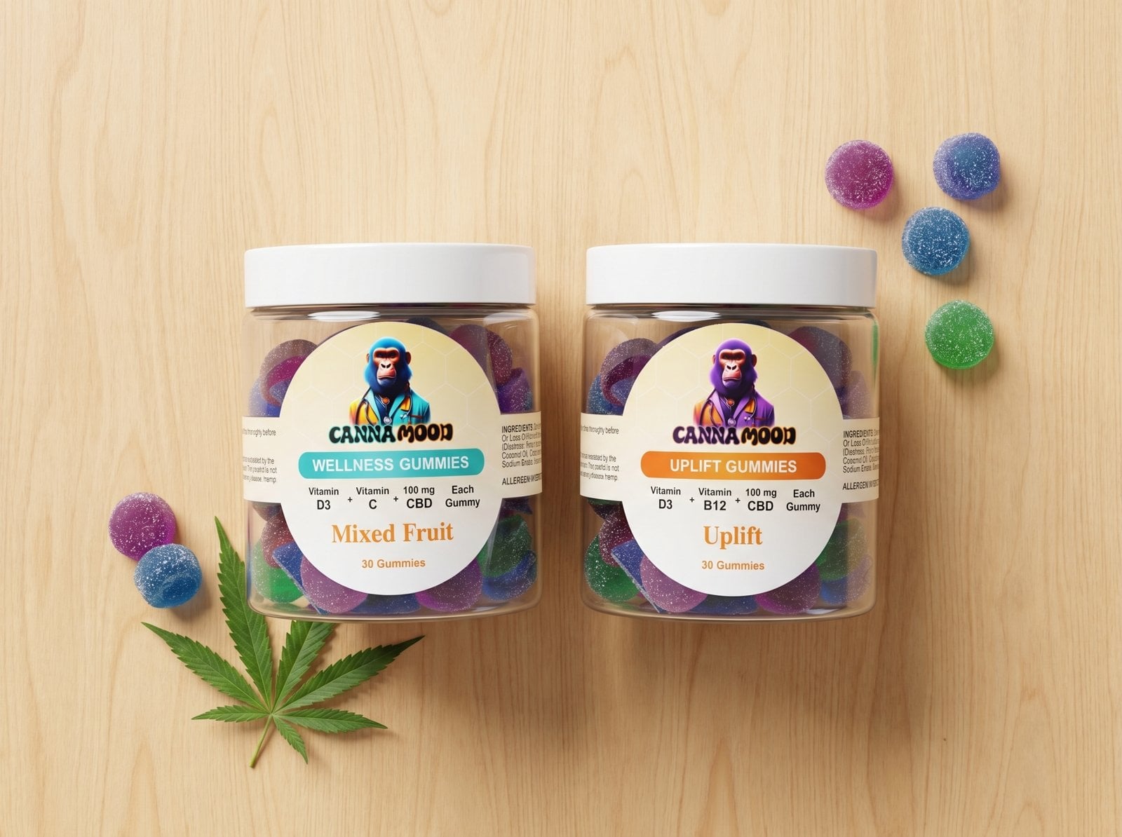 Canna Mood CBD gummies flatlay with Wellness and Uplift bottles, hemp leaf and vitamin supplement elements on wooden surface