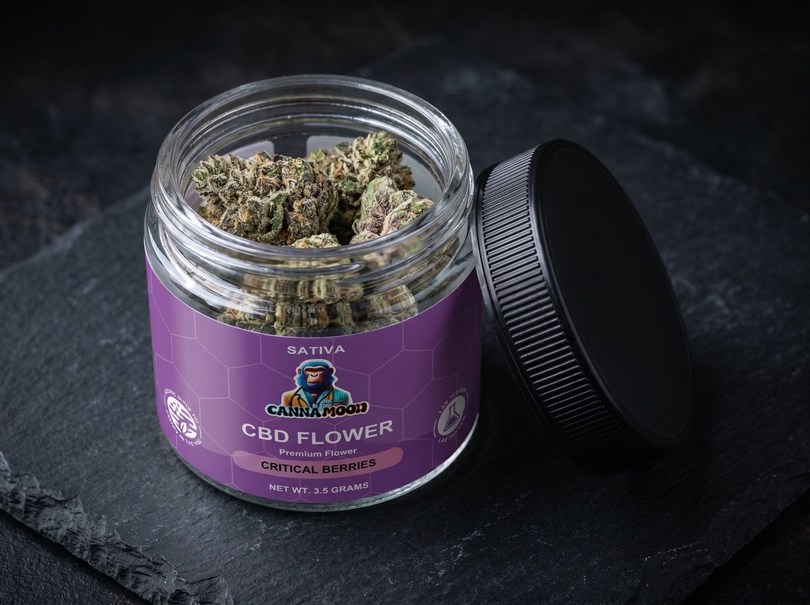 Canna Mood Critical Berries premium CBD hemp flower in open branded jar showing dense green buds with purple hues