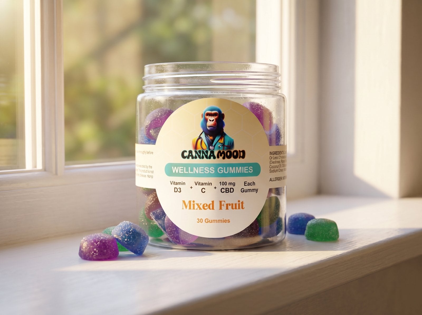 Canna Mood Wellness CBD gummies bottle with Vitamin D3 and C label held in natural sunlight Las Vegas setting