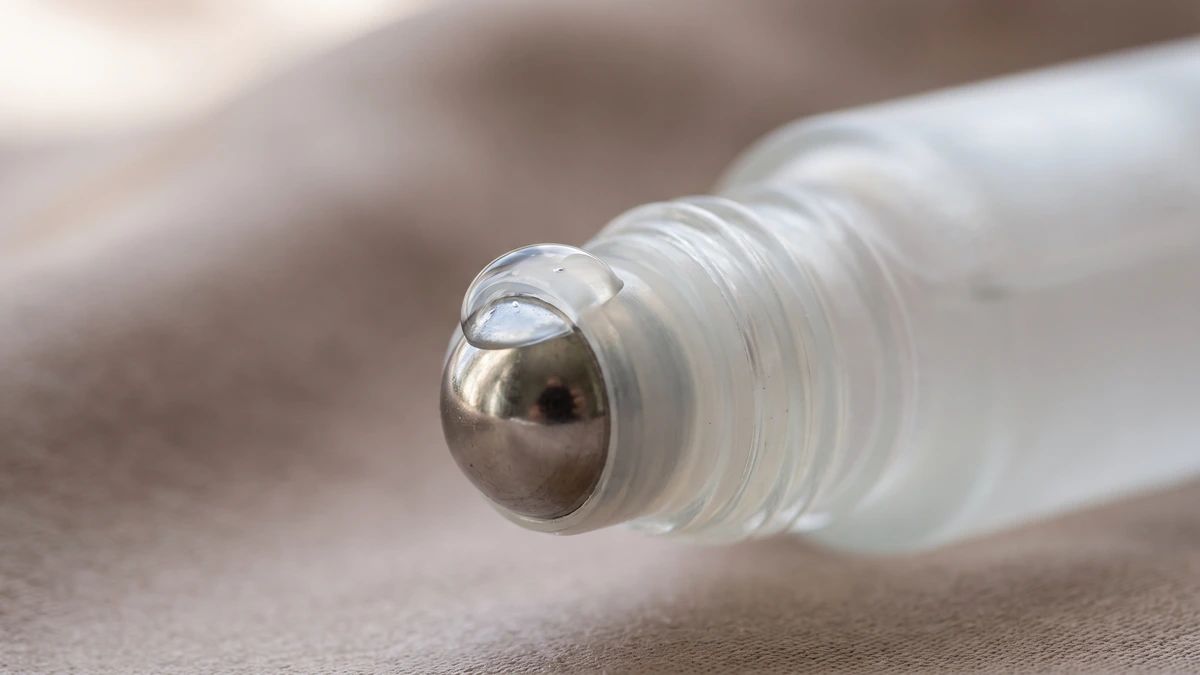 Macro of a CBD roll-on applicator ball with clear gel