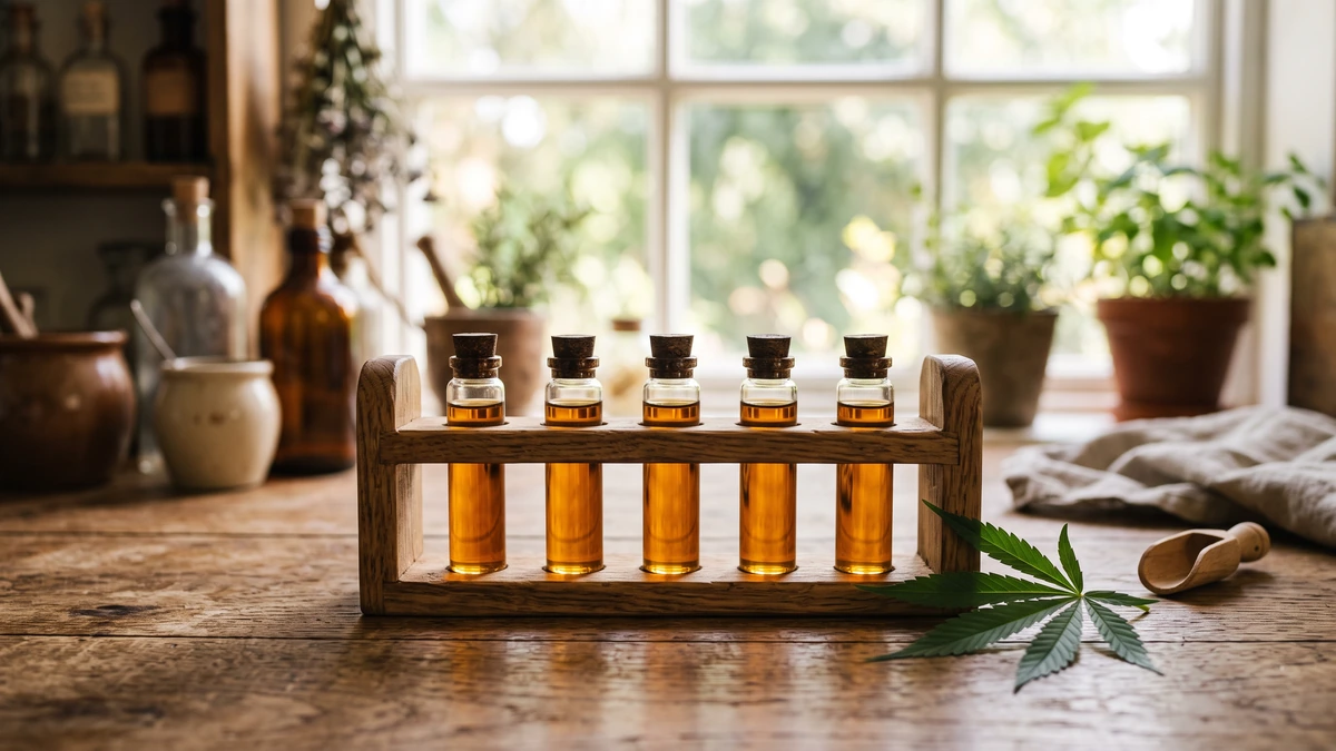 Glass sample vials in a wooden rack beside a hemp leaf for lab testing