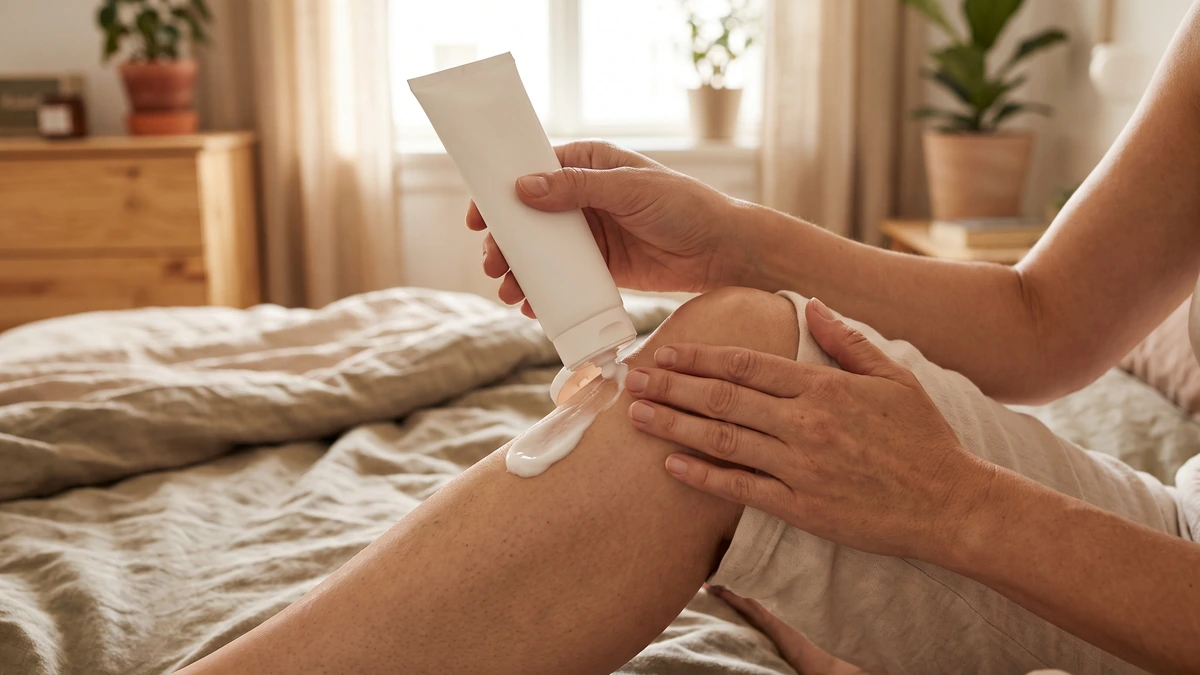 Applying CBD lotion to a knee in morning light
