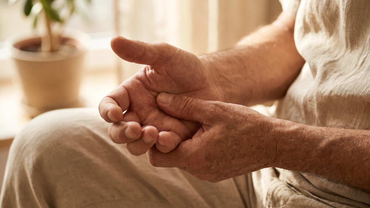 Close up of a person massaging the base of their thumb