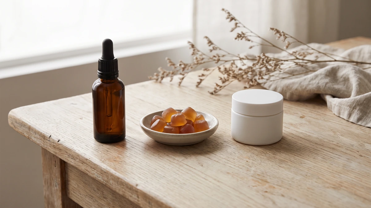 Three CBD formats side by side, dropper bottle, gummies and balm jar