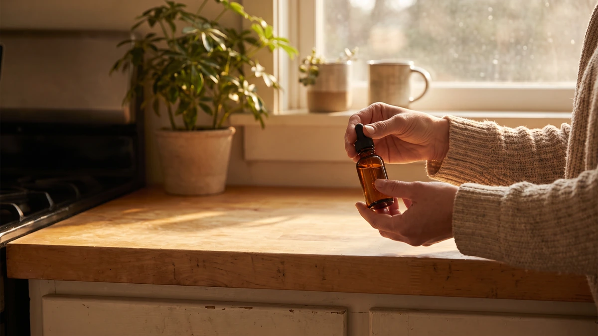 Hands holding an amber CBD dropper bottle on a kitchen counter