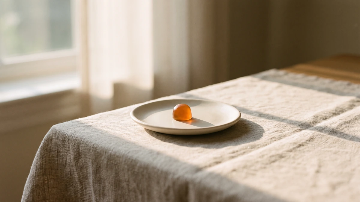A single CBD gummy on a ceramic saucer showing a starting serving