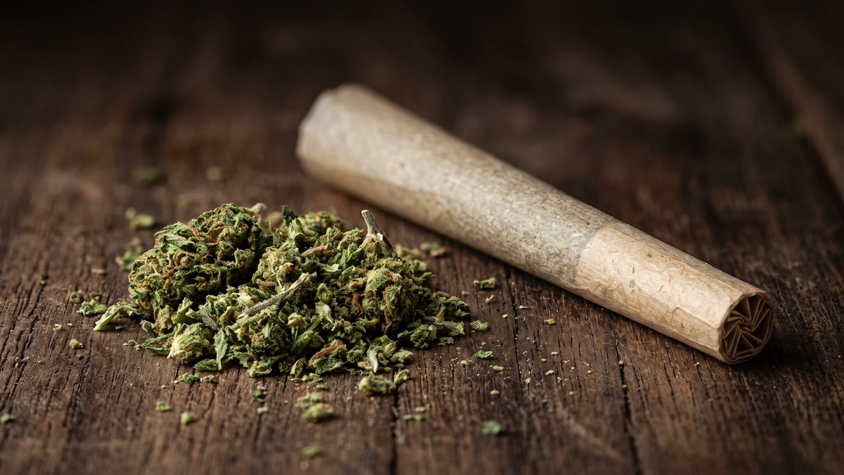 Macro of a CBD pre-roll cone beside ground hemp flower