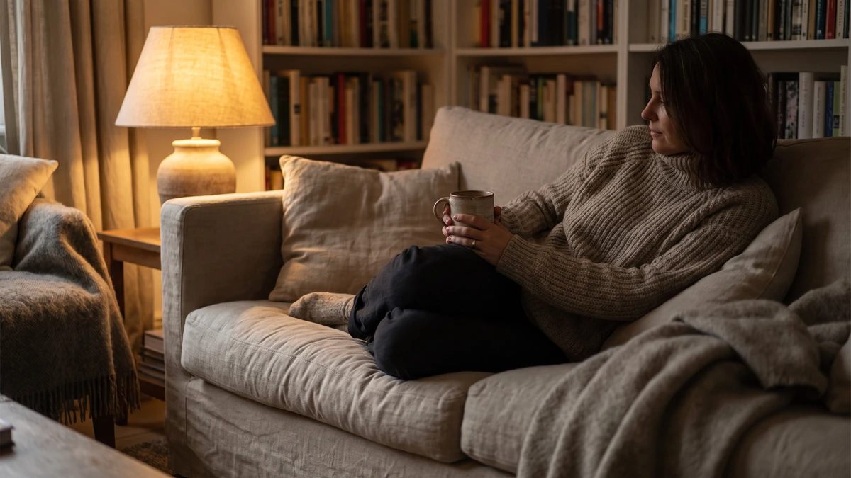 Adult relaxing on a sofa with a mug in warm evening light