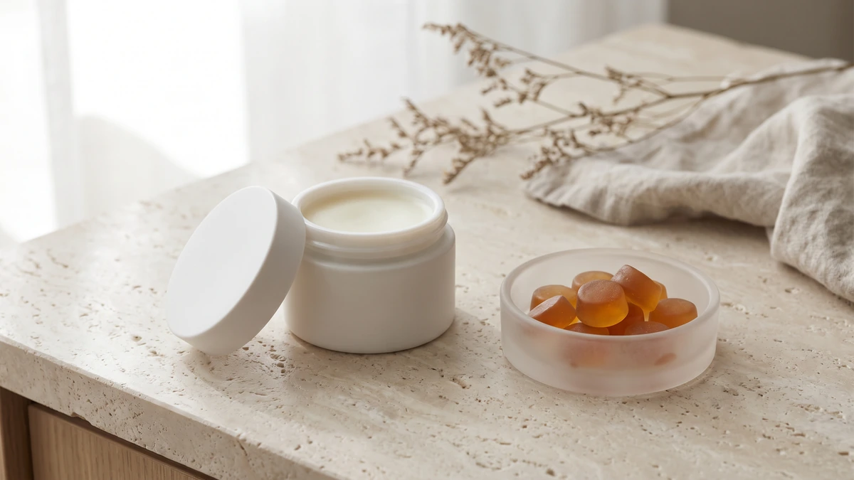 White balm jar beside a dish of gummies showing ratio formats