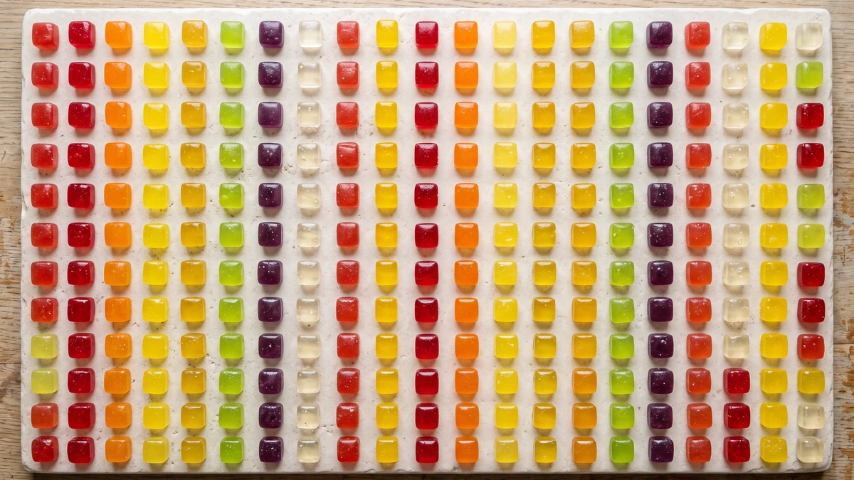 Flat lay of gummies arranged in a precise grid