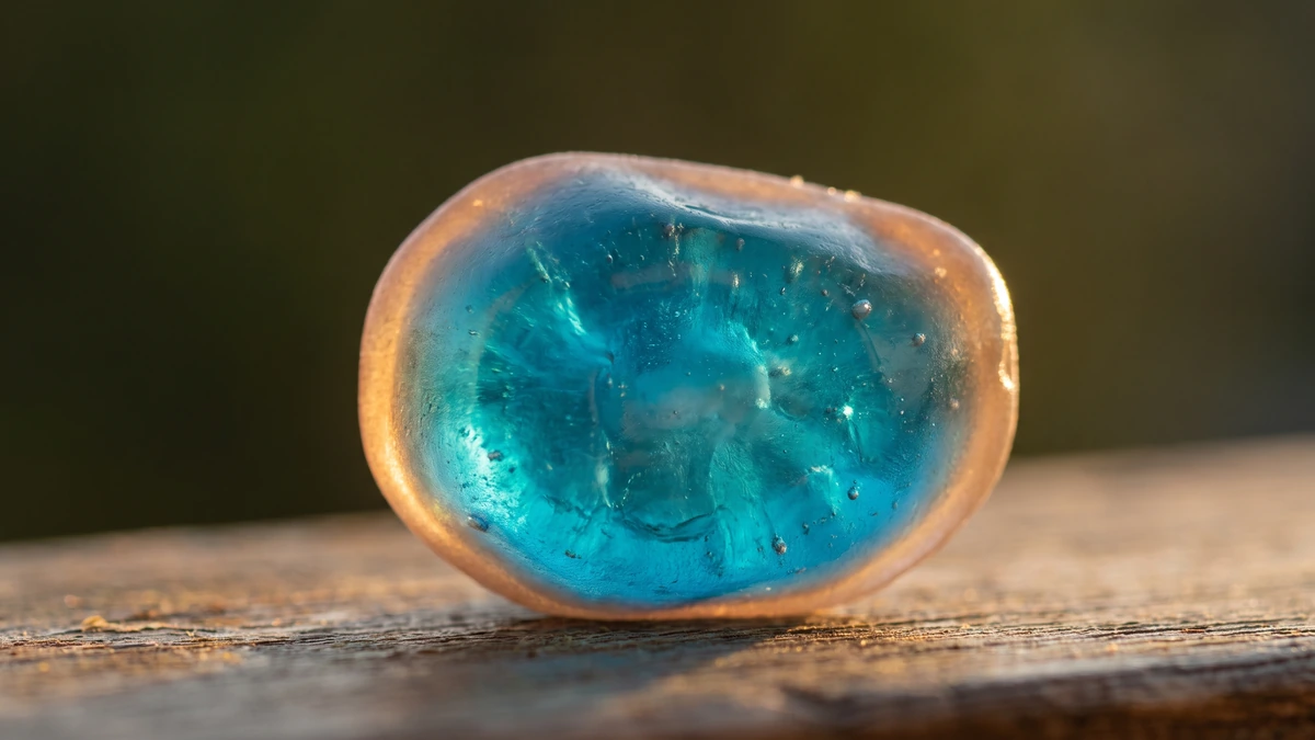 Macro of a single blue gummy backlit by afternoon sun