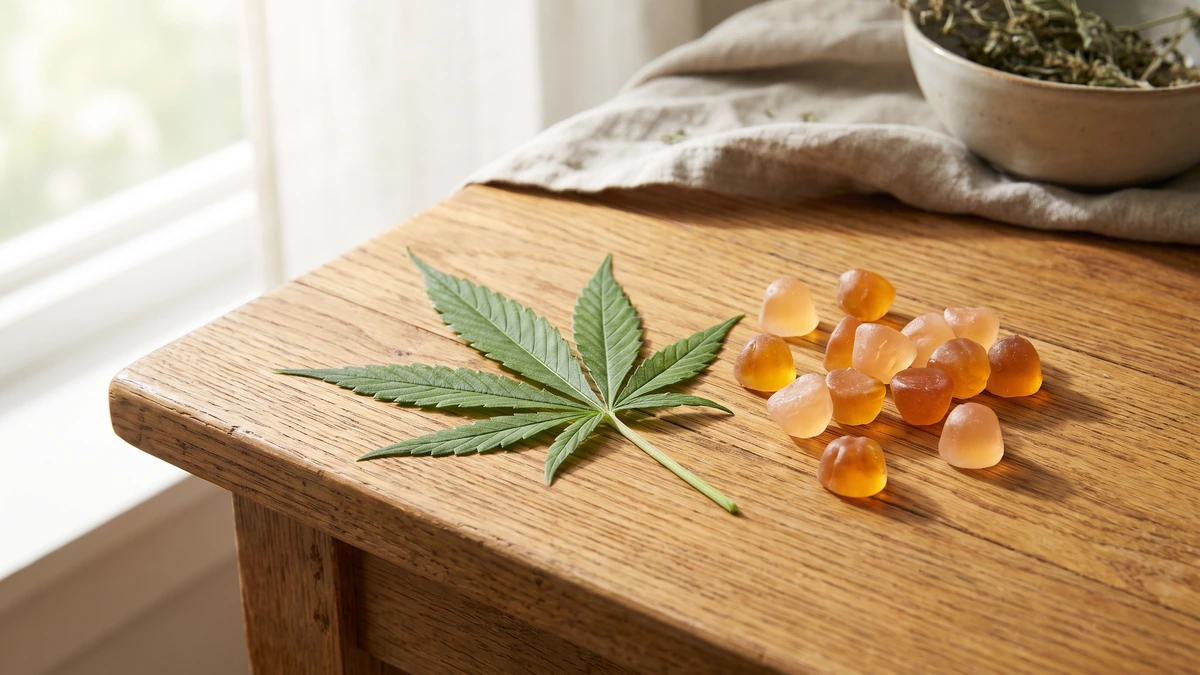 Hemp leaf beside scattered gummies on oak