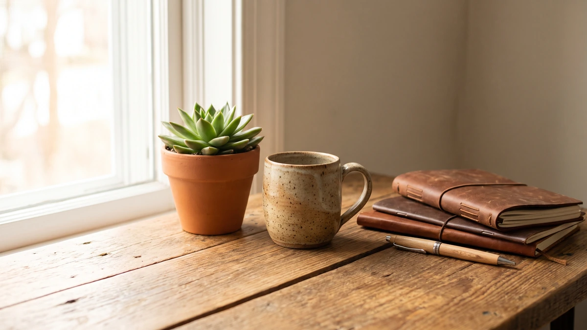 Tidy wooden desk corner with a plant and a mug