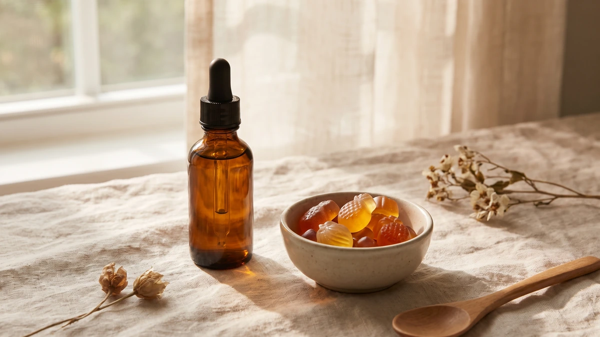 Amber dropper bottle beside a dish of gummies