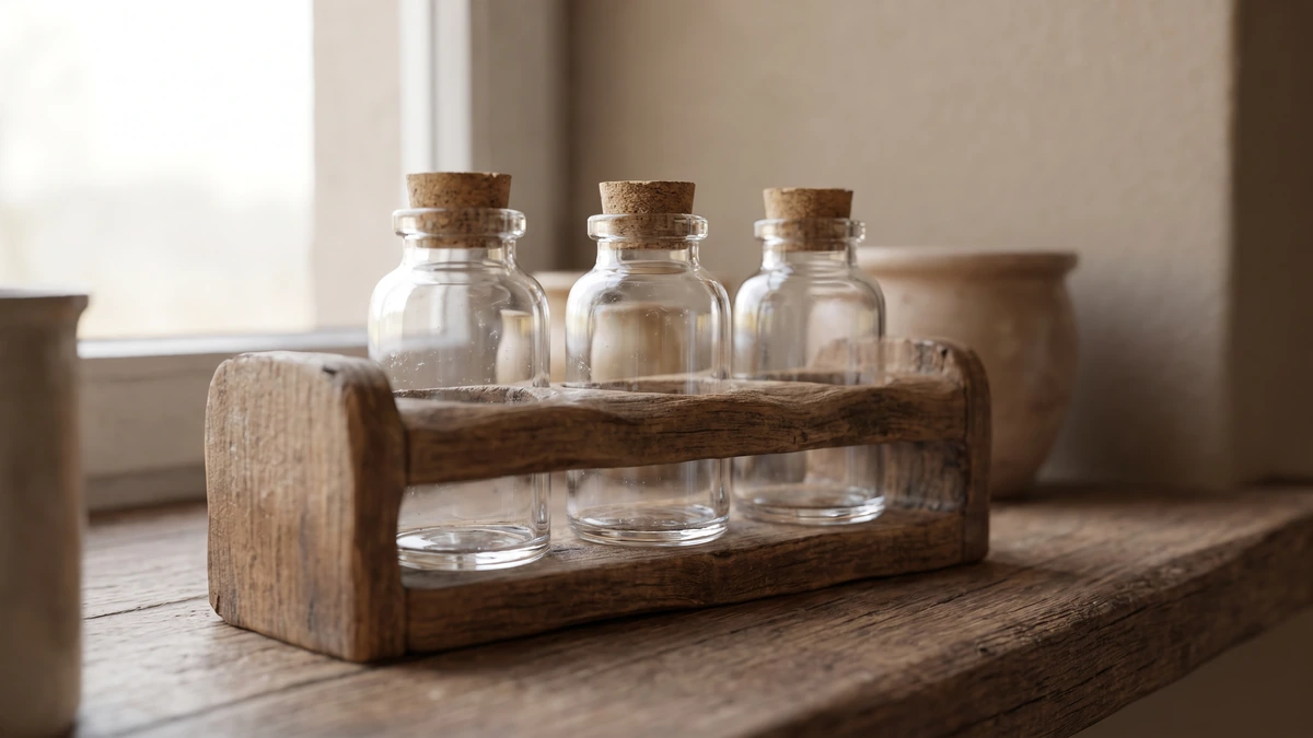 Macro of clear glass laboratory vials in a wooden rack