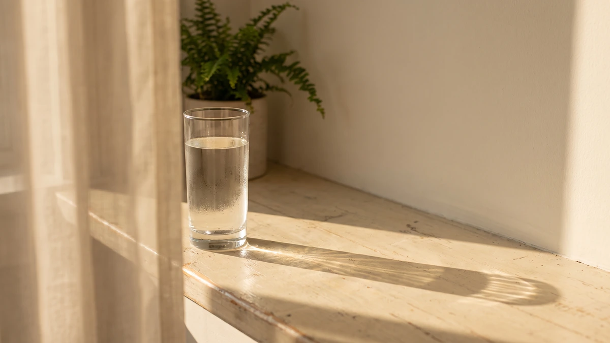 Glass of water on a windowsill in morning light