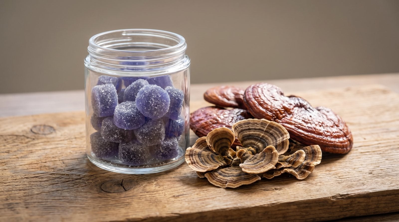Functional mushroom gummies next to dried reishi and turkey tail mushrooms